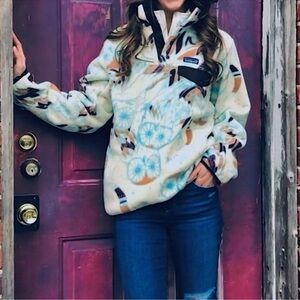 Patagonia Synchilla Harvest Moon Owl Snap T Fleece Pullover Womens Size XSmall